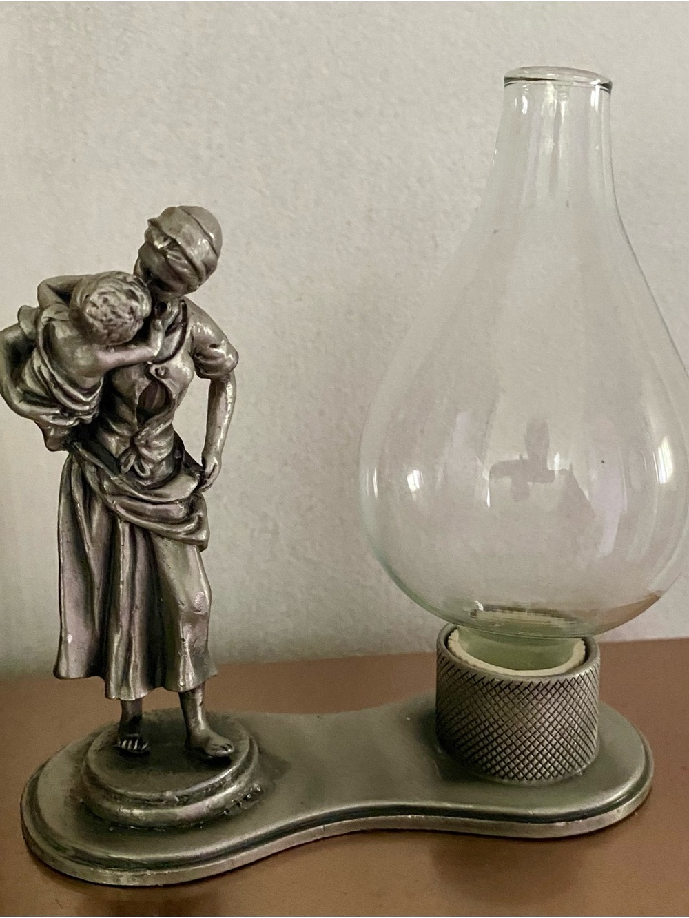 Antique-Style Pewter Finish Mother and Child Oil Lamp Accent